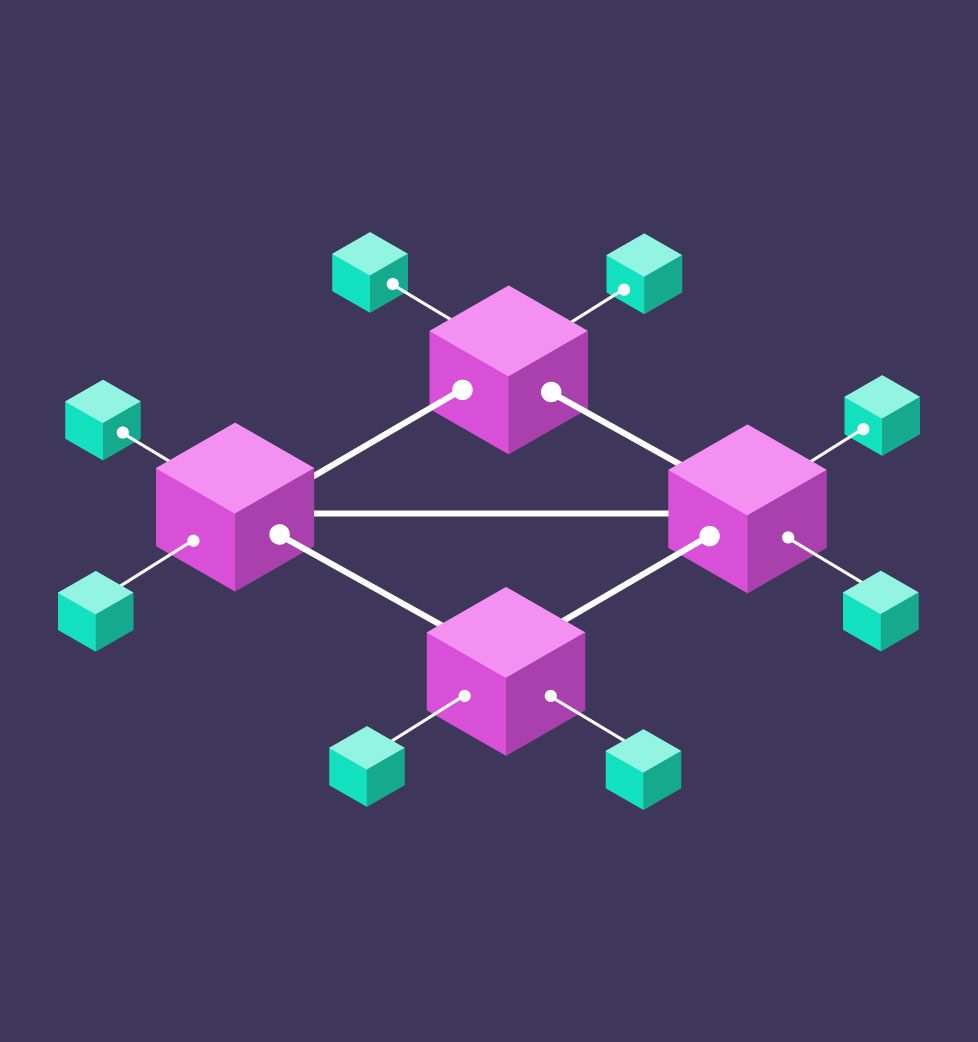 A collection of four isometric cubes that are interconnected and serve as hubs to a smaller set of cubes.