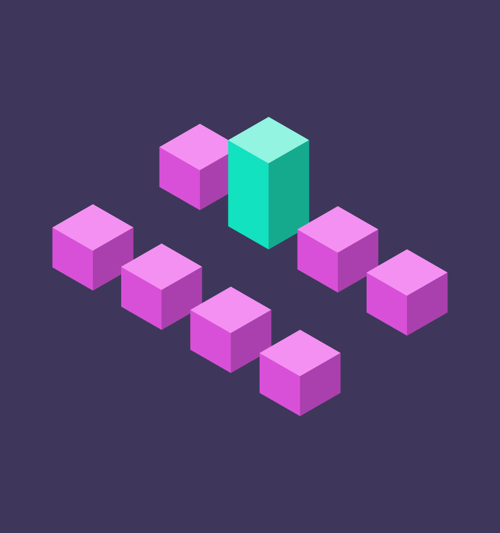 An isometric grid of cubes is arranged to look like a city block. One of the cubes is taller and a different color than the rest.