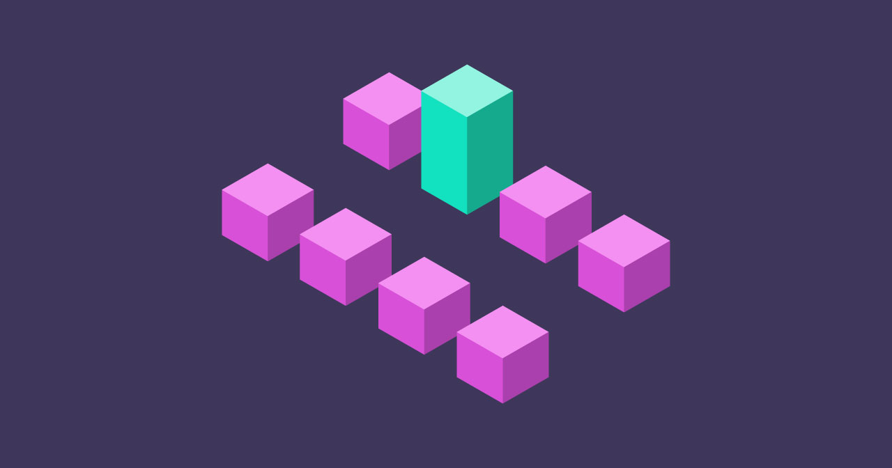 An isometric grid of cubes is arranged to look like a city block. One of the cubes is taller and a different color than the rest.
