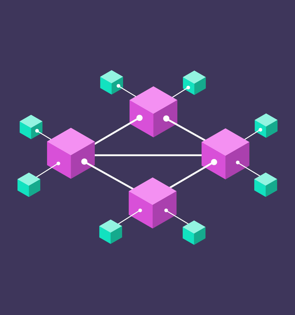 A group of isometric cubes is connected by lines to illustrate the connection of nodes to one another.